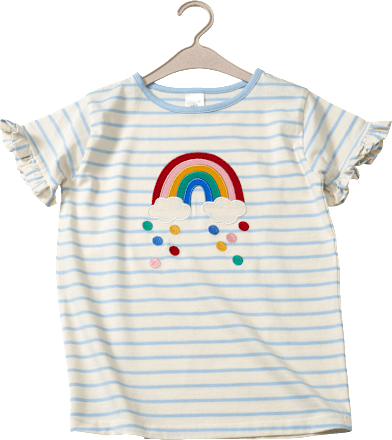 T-Shirt mit Regenbogen-Applikation und Rüschen, blau & weiß, Gr. 140 ALANA