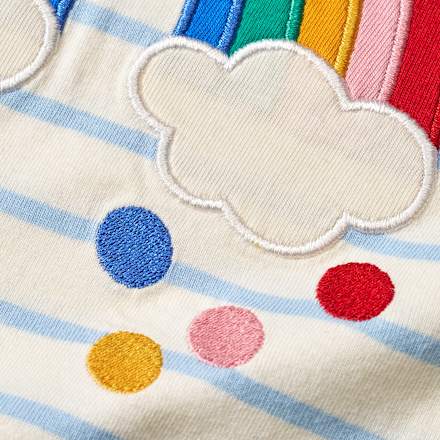 T-Shirt mit Regenbogen-Applikation und Rüschen, blau & weiß, Gr. 140 ALANA