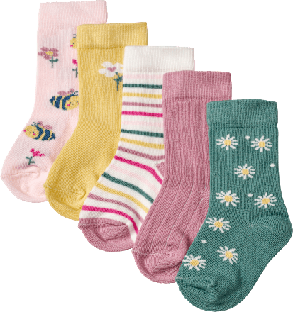 Socken mit Bienen-Motiv und Streifen-Muster, rosa + gelb + grün, Gr. 19/22 PUSBLU