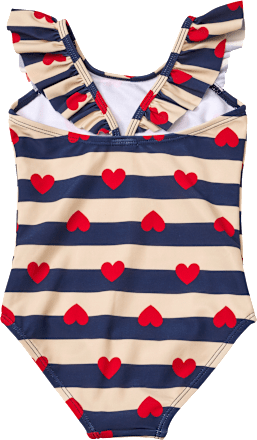 Badeanzug mit Rüschen & Herz-Muster, blau & beige, Gr. 98/104 PUSBLU