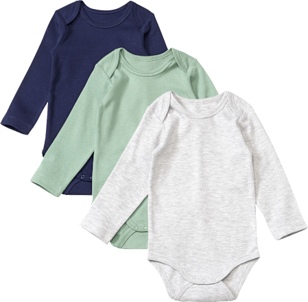 Bodys Langarm, grau melange + grün + blau, Gr. 86/92 ALANA