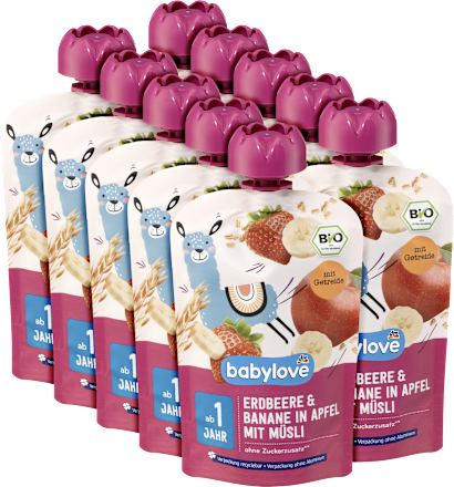 Bio sadna kašica iz jabolk, jagod in banan s pirinimi in ovsenimi kosmiči, 10x100g babylove