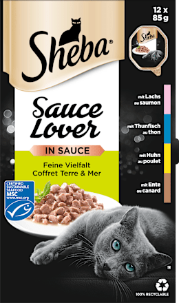 Nassfutter Katze, Huhn, Ente, Lachs & Thunfisch, Sauce Lover in Sauce - feine Vielfalt, Multipack (12x85 g) Sheba