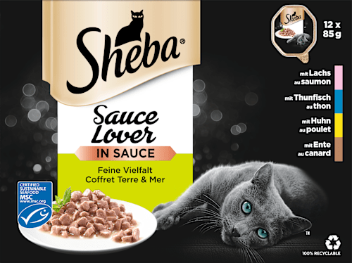 Nassfutter Katze, Huhn, Ente, Lachs & Thunfisch, Sauce Lover in Sauce - feine Vielfalt, Multipack (12x85 g) Sheba