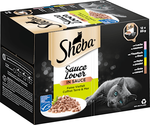 Nassfutter Katze, Huhn, Ente, Lachs & Thunfisch, Sauce Lover in Sauce - feine Vielfalt, Multipack (12x85 g) Sheba