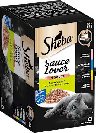 Nassfutter Katze, Huhn, Ente, Lachs & Thunfisch, Sauce Lover in Sauce - feine Vielfalt, Multipack (12x85 g) Sheba