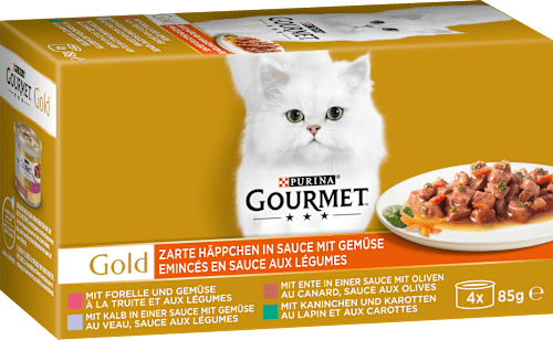 Nassfutter Katze mit Forelle, Kalb, Ente & Kaninchen, Gold - zarte Häppchen mit Gemüse, Multipack (4x85 g) Purina Gourmet