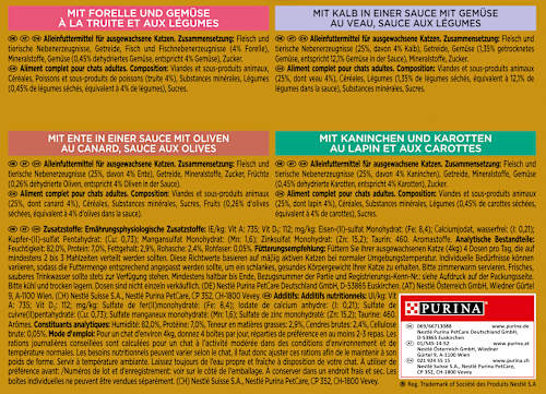 Nassfutter Katze mit Forelle, Kalb, Ente & Kaninchen, Gold - zarte Häppchen mit Gemüse, Multipack (4x85 g) Purina Gourmet