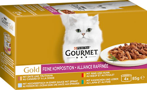 Nassfutter Katze mit Ente, Truthahn, Fisch, Rind, Huhn & Kaninchen, Gold - feine Komposition, Multipack (4x85 g) Purina Gourmet