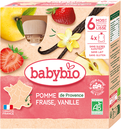 bio příkrm v sáčku jablko, jahoda a vanilka 4x90 g babybio
