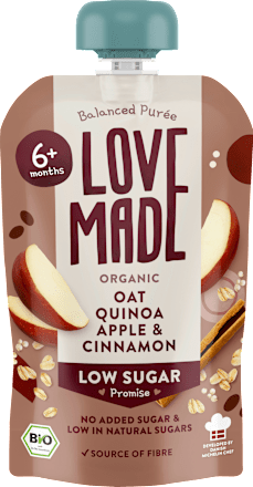 Quetschie Haferbrei, Apfel, Pastinake, Quinoa und Zimt, ab 6 Monaten LoveMade Organics