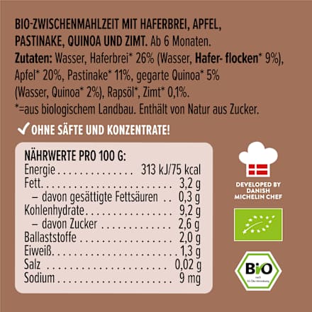 Quetschie Haferbrei, Apfel, Pastinake, Quinoa und Zimt, ab 6 Monaten LoveMade Organics