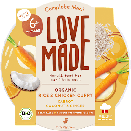 Menü Curry Reisgericht Karotte, Hähnchen, Kokos, Ingwer, ab 6 Monaten LoveMade Organics