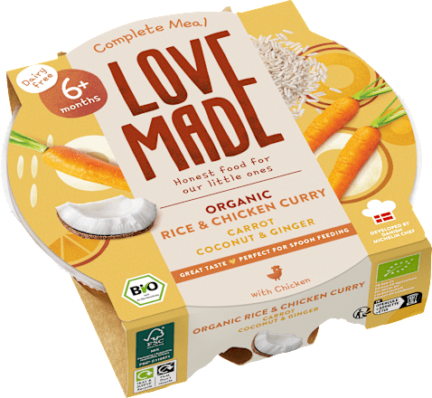 Menü Curry Reisgericht Karotte, Hähnchen, Kokos, Ingwer, ab 6 Monaten LoveMade Organics