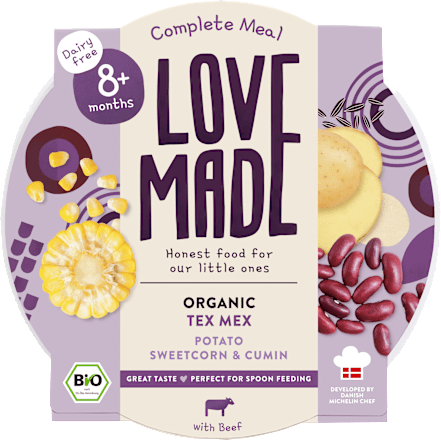 Menü Tex Mex mit Kartoffeln, Rindfleisch, Mais, Kreuzkümmel, ab 8 Monaten LoveMade Organics