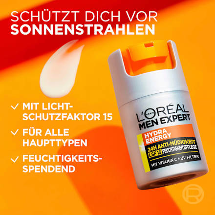 Gesichtscreme Hydra Energy, Feuchtigkeitspflege mit Vitamin C, 24h Anti-Müdigkeit LSF 15 L'ORÉAL PARiS MEN EXPERT
