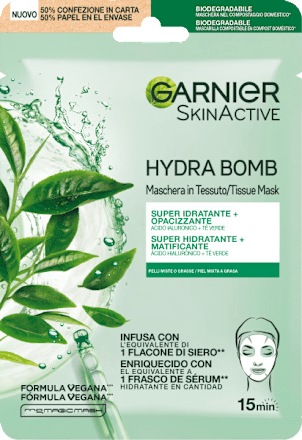 Maschera in tessuto SKINACTIVE HYDRA BOMB super idratante opacizzante acido ialuronico e tè verde GARNIER SKIN ACTIVE