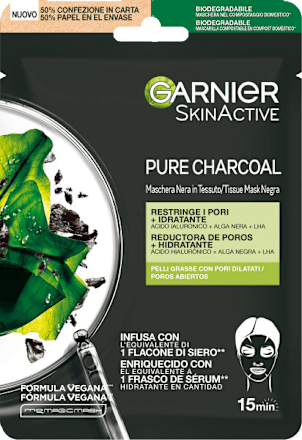 Maschera nera in tessuto SKINACTIVE restringente e idratante con acido ialuronico, alga nera e LHA GARNIER SKIN ACTIVE