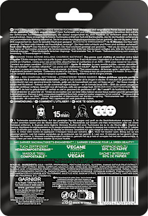 Tuchmaske Serum AHA + BHA Kohle/Charbon Garnier Skin Active