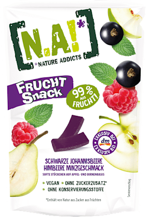 Fruchtsnack, Schwarze Johannisbeere Himbeere Minzgeschmack, Softe Stückchen auf Apfel- & Birnenbasis  N.A!