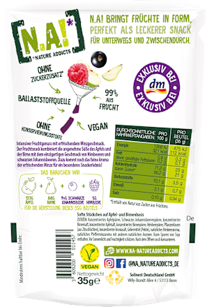 Fruchtsnack, Schwarze Johannisbeere Himbeere Minzgeschmack, Softe Stückchen auf Apfel- & Birnenbasis  N.A!