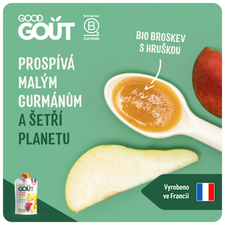 BIO ovocný příkrm v sáčku Broskev s hruškou Good Gout