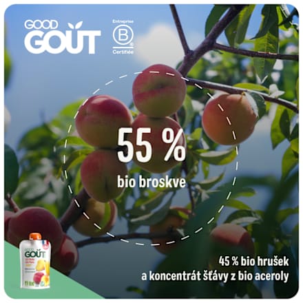 BIO ovocný příkrm v sáčku Broskev s hruškou Good Gout