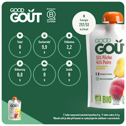 BIO ovocný příkrm v sáčku Broskev s hruškou Good Gout