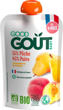 BIO ovocný příkrm v sáčku Broskev s hruškou Good Gout