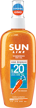 Слънцезащитно спрей-масло за тяло с блестящи частици SPF20 SUN LIKE