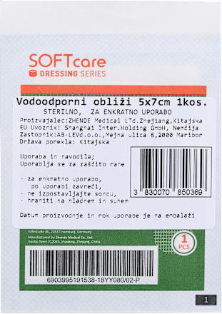 Vodoodporen obliž 5x7 cm, sterilen, za enkratno uporabo SOFTCARE