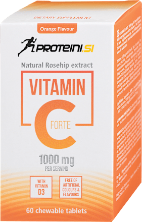 Prehransko dopolnilo Vitamin C FORTE v obliki žvečljivih tablet proteini.si