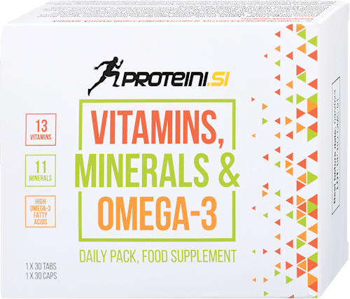 Prehransko dopolnilo Vitamini, minerali in omega-3, 30 tablet + 30 kapsul proteini.si