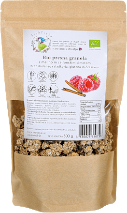 Bio presna granola z malino in cejlonskim cimetom drobTinka
