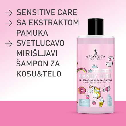 CANDY GIRL dečiji šampon za kosu i telo - sa sitnim šljokicama AFRODITA