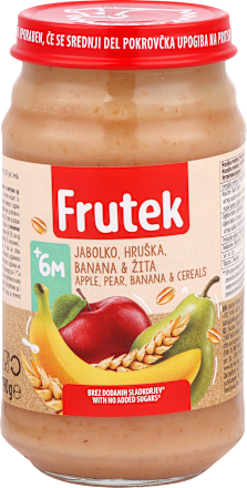 Voćna kašica – jabuka, kruška i banana sa pšeničnim i zobenim pahuljicama , 6+mj. Frutek
