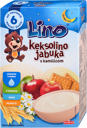 Žitno mlečna kašica Keksolino jabolko s kamilico, 6m+ Lino