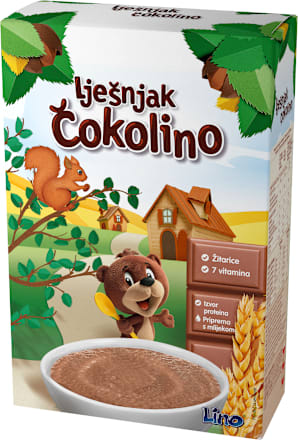 Lešnik Čokolino, Instant pahuljice od žitarica, čokolade i lešnika, od 1. godine Lino
