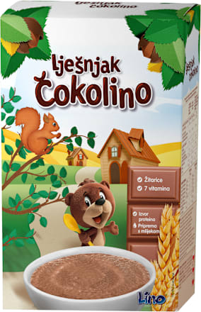Lešnik Čokolino, Instant pahuljice od žitarica, čokolade i lešnika, od 1. godine Lino