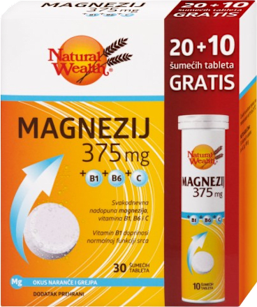 Magnezij 375 mg + B1 + B6 + C šumeće tablete Natural Wealth