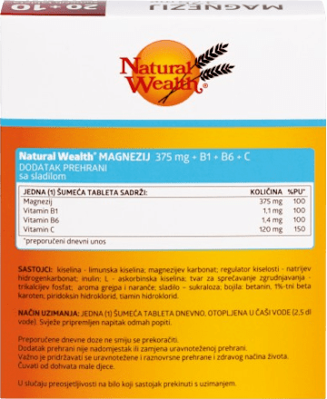 Magnezij 375 mg + B1 + B6 + C šumeće tablete Natural Wealth