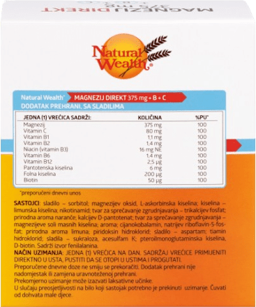 Magnezij Direkt  375 mg vrećice + B + C Natural Wealth