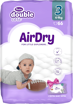 double care AirDry pelene 3 midi (4 – 9 kg) + vlažne maramice 40 kom. Violeta