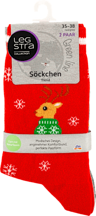 Söckchen Trend rot und grau mit Rentier-Muster, Gr. 35 - 38 (2 Paar) Legstra