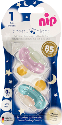 Schnuller Cherry Night Latex, rosa/grün, Gr.1, 0-6 Monate Nip