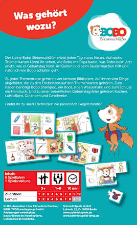 Kinderspiel Bobo Siebenschläfer, Was gehört wozu? Schmidt Spiele