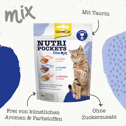 Katzenleckerli mit Lachs, Forelle & Shrimps, Nutri Pockets Meeres Mix  GimCat