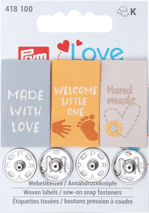 Webetiketten und Annähdruckknöpfe, grau + orange + beige Prym