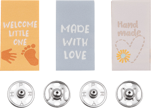 Webetiketten und Annähdruckknöpfe, grau + orange + beige Prym