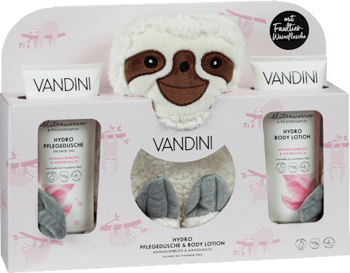 Geschenkset Hydro Pflegedusche und Bodylotion mit Faultier Wärmflasche VANDINI